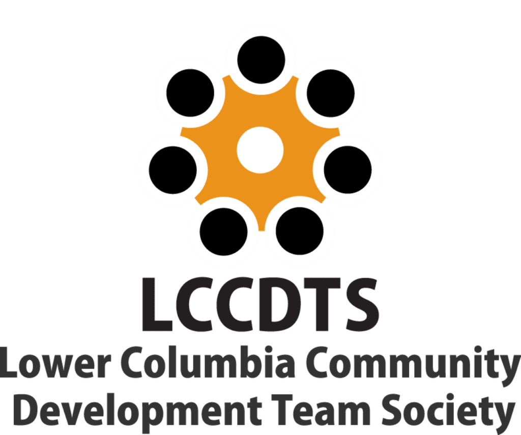 Lower Columbia Development Team Society (LCCDTS) logo, in orange, white, and black, symbolizing their commitment to community development.