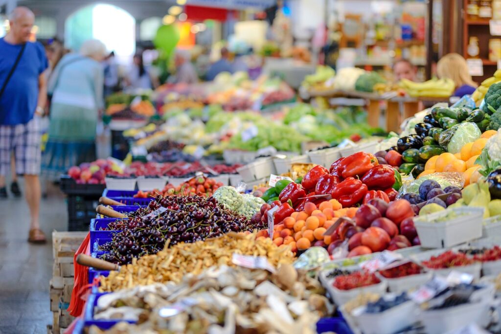 Beautiful, freshly harvested produce displayed at a farm shop, promoting local sustainability and food security.