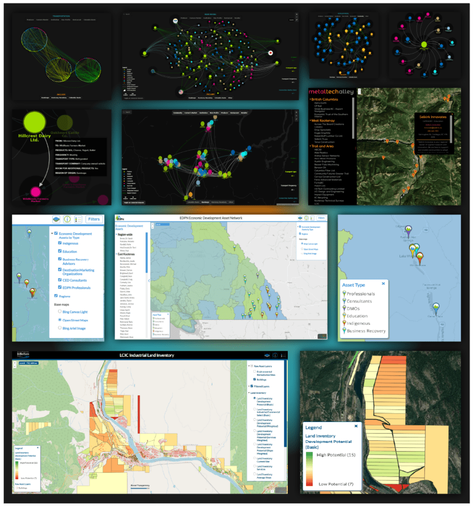 Various TruGIS visualizations and projects shown in a grid. Asset mapping, supply chain models and land inventory maps